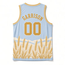 Load image into Gallery viewer, Amber Waves of Grain Original Basketball Jersey in Prairie Blue, back view with your name and number