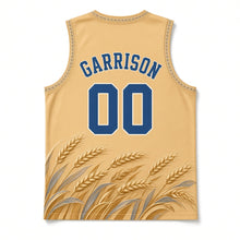 Load image into Gallery viewer, Amber Waves of Grain Original Basketball Jersey in Wheat Gold, back view with your name and number