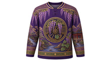 Load image into Gallery viewer, Aoi Matsuri Original Hockey Jersey in Wisteria Purple, front view with detailed full-body artwork and ornate crest