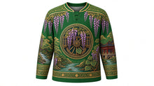 Load image into Gallery viewer, Aoi Matsuri Original Hockey Jersey in Hollyhock Green, front view with detailed full-body artwork and ornate crest