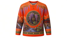 Load image into Gallery viewer, Aoi Matsuri Original Hockey Jersey in Court Vermilion, front view with detailed full-body artwork and ornate crest