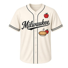 Load image into Gallery viewer, Apple Pie Bakery Milwaukee Baseball Jersey in Crust Cream, front view – lattice-top apple pie and red apples graphic with apple crest, custom name and number