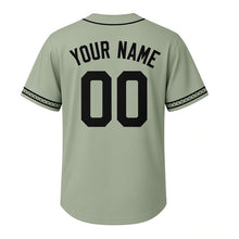 Load image into Gallery viewer, Apple Pie Bakery Milwaukee Baseball Jersey in Kitchen Sage, back view with your name and number – custom block name and number with lattice-stripe sleeves
