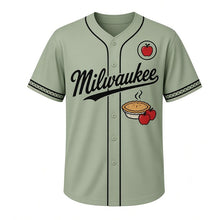 Load image into Gallery viewer, Apple Pie Bakery Milwaukee Baseball Jersey in Kitchen Sage, front view – lattice-top apple pie and red apples graphic with apple crest, custom name and number