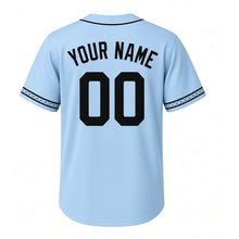 Load image into Gallery viewer, Apple Pie Bakery Milwaukee Baseball Jersey in Gingham Sky Blue, back view with your name and number – custom block name and number with lattice-stripe sleeves
