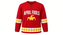 Load image into Gallery viewer, April Fools' Day Original Hockey Jersey in Red, front view – custom name and number