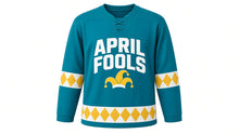 Load image into Gallery viewer, April Fools' Day Original Hockey Jersey in Teal, front view – custom name and number