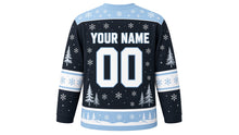 Load image into Gallery viewer, Arctic Fox Snowfall Original Hockey Jersey in Frost Charcoal, back view with your name and number – snowflake yoke and snowflake zigzag sleeve stripes