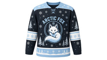 Load image into Gallery viewer, Arctic Fox Snowfall Original Hockey Jersey in Frost Charcoal, front view – graceful arctic fox curled in a gentle snowfall with fox crest, custom name and number