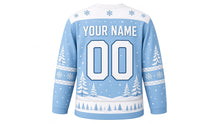 Load image into Gallery viewer, Arctic Fox Snowfall Original Hockey Jersey in Glacier Blue, back view with your name and number – snowflake yoke and snowflake zigzag sleeve stripes
