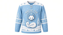 Load image into Gallery viewer, Arctic Fox Snowfall Original Hockey Jersey in Glacier Blue, front view – graceful arctic fox curled in a gentle snowfall with fox crest, custom name and number