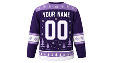 Load image into Gallery viewer, Arctic Fox Snowfall Original Hockey Jersey in Twilight Plum, back view with your name and number – snowflake yoke and snowflake zigzag sleeve stripes