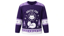 Load image into Gallery viewer, Arctic Fox Snowfall Original Hockey Jersey in Twilight Plum, front view – graceful arctic fox curled in a gentle snowfall with fox crest, custom name and number