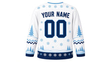 Load image into Gallery viewer, Arctic Fox Snowfall Original Hockey Jersey in Snowfield White, back view with your name and number – snowflake yoke and snowflake zigzag sleeve stripes