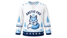 Load image into Gallery viewer, Arctic Fox Snowfall Original Hockey Jersey in Snowfield White, front view – graceful arctic fox curled in a gentle snowfall with fox crest, custom name and number