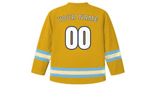 Load image into Gallery viewer, Assumption Day Original Hockey Jersey in Lily Gold, back view with wave-pattern sleeve and hem stripes and your name and number