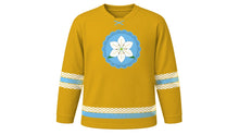 Load image into Gallery viewer, Assumption Day Original Hockey Jersey in Lily Gold, front view – a white lily blossom on a scalloped cloud medallion on the chest and wave-pattern sleeve and hem stripes – custom name and number