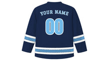 Load image into Gallery viewer, Assumption Day Original Hockey Jersey in Navy Blue, back view with wave-pattern sleeve and hem stripes and your name and number
