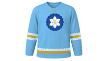 Load image into Gallery viewer, Assumption Day Original Hockey Jersey in Sky Blue, front view – a white lily blossom on a scalloped cloud medallion on the chest and wave-pattern sleeve and hem stripes – custom name and number