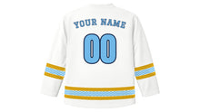 Load image into Gallery viewer, Assumption Day Original Hockey Jersey in Pearl White, back view with wave-pattern sleeve and hem stripes and your name and number