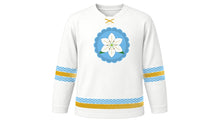 Load image into Gallery viewer, Assumption Day Original Hockey Jersey in Pearl White, front view – a white lily blossom on a scalloped cloud medallion on the chest and wave-pattern sleeve and hem stripes – custom name and number