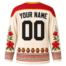 Load image into Gallery viewer, Attukal Pongala Original Hockey Jersey in Kasavu Cream, back view with custom YOUR NAME and 00