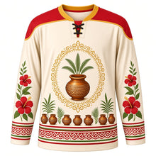 Load image into Gallery viewer, Attukal Pongala Original Hockey Jersey in Kasavu Cream, front view with themed artwork and clean crest