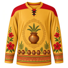 Load image into Gallery viewer, Attukal Pongala Original Hockey Jersey in Temple Gold, front view with themed artwork and clean crest