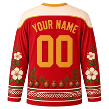 Load image into Gallery viewer, Attukal Pongala Original Hockey Jersey in Hibiscus Red, back view with custom YOUR NAME and 00