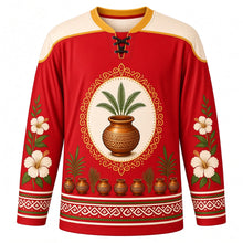 Load image into Gallery viewer, Attukal Pongala Original Hockey Jersey in Hibiscus Red, front view with themed artwork and clean crest