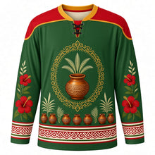 Load image into Gallery viewer, Attukal Pongala Original Hockey Jersey in Coconut Green, front view with themed artwork and clean crest