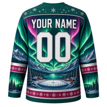 Load image into Gallery viewer, Aurora Borealis Nights Original Hockey Jersey in Aurora Emerald, back view with your name and number – snowflake yoke and aurora-gradient sleeve stripes
