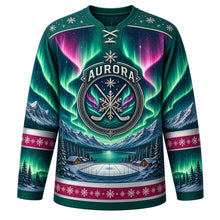 Load image into Gallery viewer, Aurora Borealis Nights Original Hockey Jersey in Aurora Emerald, front view – northern lights over snowy mountains and a frozen pond rink, custom name and number