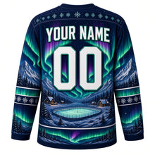 Load image into Gallery viewer, Aurora Borealis Nights Original Hockey Jersey in Polar Night, back view with your name and number – snowflake yoke and aurora-gradient sleeve stripes