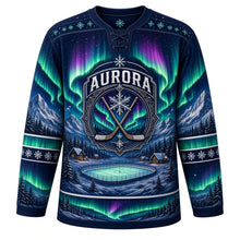 Load image into Gallery viewer, Aurora Borealis Nights Original Hockey Jersey in Polar Night, front view – northern lights over snowy mountains and a frozen pond rink, custom name and number