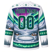 Load image into Gallery viewer, Aurora Borealis Nights Original Hockey Jersey in Snowfield White, back view with your name and number – snowflake yoke and aurora-gradient sleeve stripes