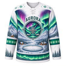 Load image into Gallery viewer, Aurora Borealis Nights Original Hockey Jersey in Snowfield White, front view – northern lights over snowy mountains and a frozen pond rink, custom name and number