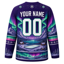 Load image into Gallery viewer, Aurora Borealis Nights Original Hockey Jersey in Arctic Violet, back view with your name and number – snowflake yoke and aurora-gradient sleeve stripes