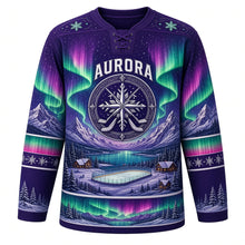 Load image into Gallery viewer, Aurora Borealis Nights Original Hockey Jersey in Arctic Violet, front view – northern lights over snowy mountains and a frozen pond rink, custom name and number
