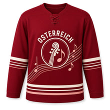 Load image into Gallery viewer, Austria Alpine Waltz Original Hockey Jersey in Opera Crimson, front view – custom name and number