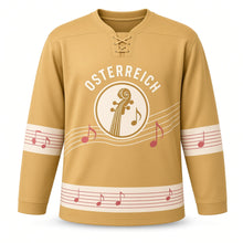 Load image into Gallery viewer, Austria Alpine Waltz Original Hockey Jersey in Gilded Gold, front view – custom name and number