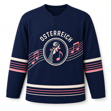 Load image into Gallery viewer, Austria Alpine Waltz Original Hockey Jersey in Concert Navy, front view – custom name and number