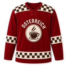 Load image into Gallery viewer, Austria Coffeehouse Classic Original Hockey Jersey in Velvet Red, front view – custom name and number