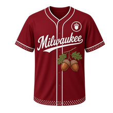 Load image into Gallery viewer, Autumn Acorn Milwaukee Baseball Jersey in Harvest Maroon, front view – pair of acorns on an oak twig graphic with round crest, custom name and number