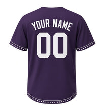Load image into Gallery viewer, Autumn Acorn Milwaukee Baseball Jersey in Dusk Plum, back view with your name and number – custom block name and number with dot-stripe sleeves