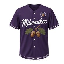 Load image into Gallery viewer, Autumn Acorn Milwaukee Baseball Jersey in Dusk Plum, front view – pair of acorns on an oak twig graphic with round crest, custom name and number