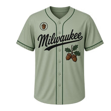 Load image into Gallery viewer, Autumn Acorn Milwaukee Baseball Jersey in Meadow Sage, front view – pair of acorns on an oak twig graphic with round crest, custom name and number