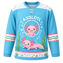 Load image into Gallery viewer, Axolotl Lagoon Original Hockey Jersey in Lagoon Aqua, front view – cute pink axolotl swimming through a calm lagoon with axolotl crest, custom name and number