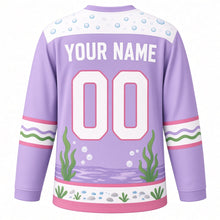 Load image into Gallery viewer, Axolotl Lagoon Original Hockey Jersey in Lilac Dream, back view with your name and number – bubble-pattern yoke and wavy water-plant sleeve stripes