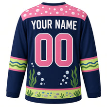 Load image into Gallery viewer, Axolotl Lagoon Original Hockey Jersey in Midnight Pond, back view with your name and number – bubble-pattern yoke and wavy water-plant sleeve stripes